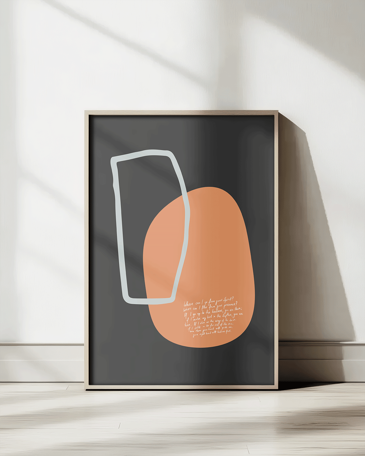 black orange art print with handwritten bible verse where can i go from your spirit