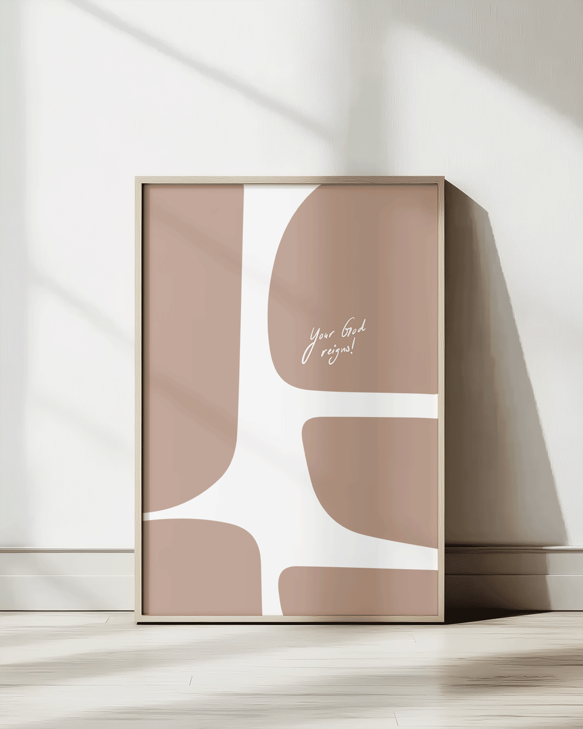 your god reigns almond Modern minimal abstract Bible verse print framed mockup