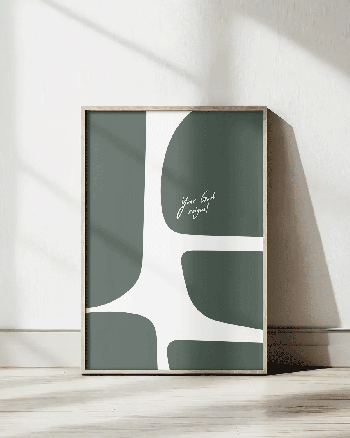 your god reigns green Modern minimal abstract Bible verse print framed mockup
