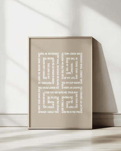 psalm 23 almond Bold modern typographic Bible verse print framed mockup hoolyprints