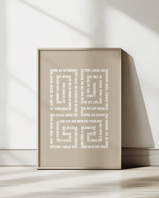 psalm 23 almond Bold modern typographic Bible verse print framed mockup hoolyprints