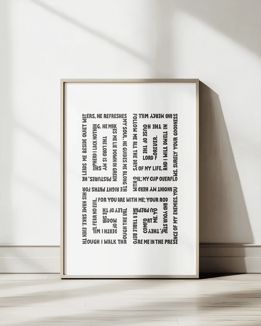 psalm 23 black white Bold modern typographic Bible verse print framed mockup hoolyprints