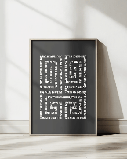 psalm 23 black Bold modern typographic Bible verse print framed mockup hoolyprints