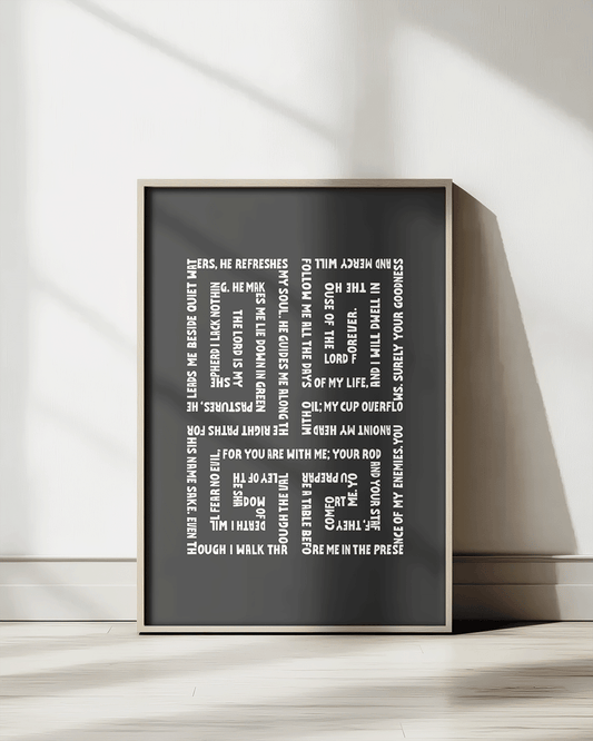 psalm 23 black Bold modern typographic Bible verse print framed mockup hoolyprints
