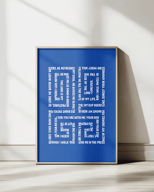 psalm 23 blue Bold modern typographic Bible verse print framed mockup hoolyprints