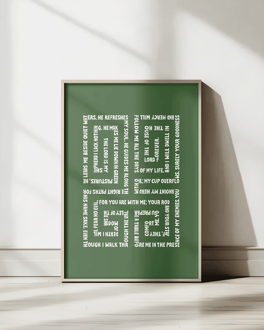 psalm 23 green Bold modern typographic Bible verse print framed mockup hoolyprints