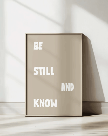 be still and know almond Bold modern typographic Bible verse print framed mockup hoolyprints