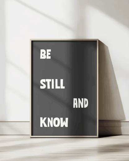 be still and know black Bold modern typographic Bible verse print framed mockup hoolyprints