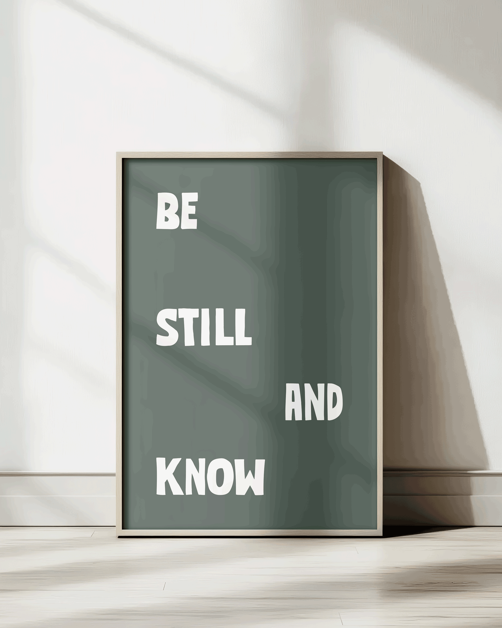 be still and know green Bold modern typographic Bible verse print framed mockup hoolyprints