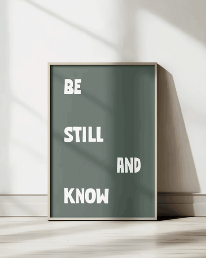 be still and know green Bold modern typographic Bible verse print framed mockup hoolyprints