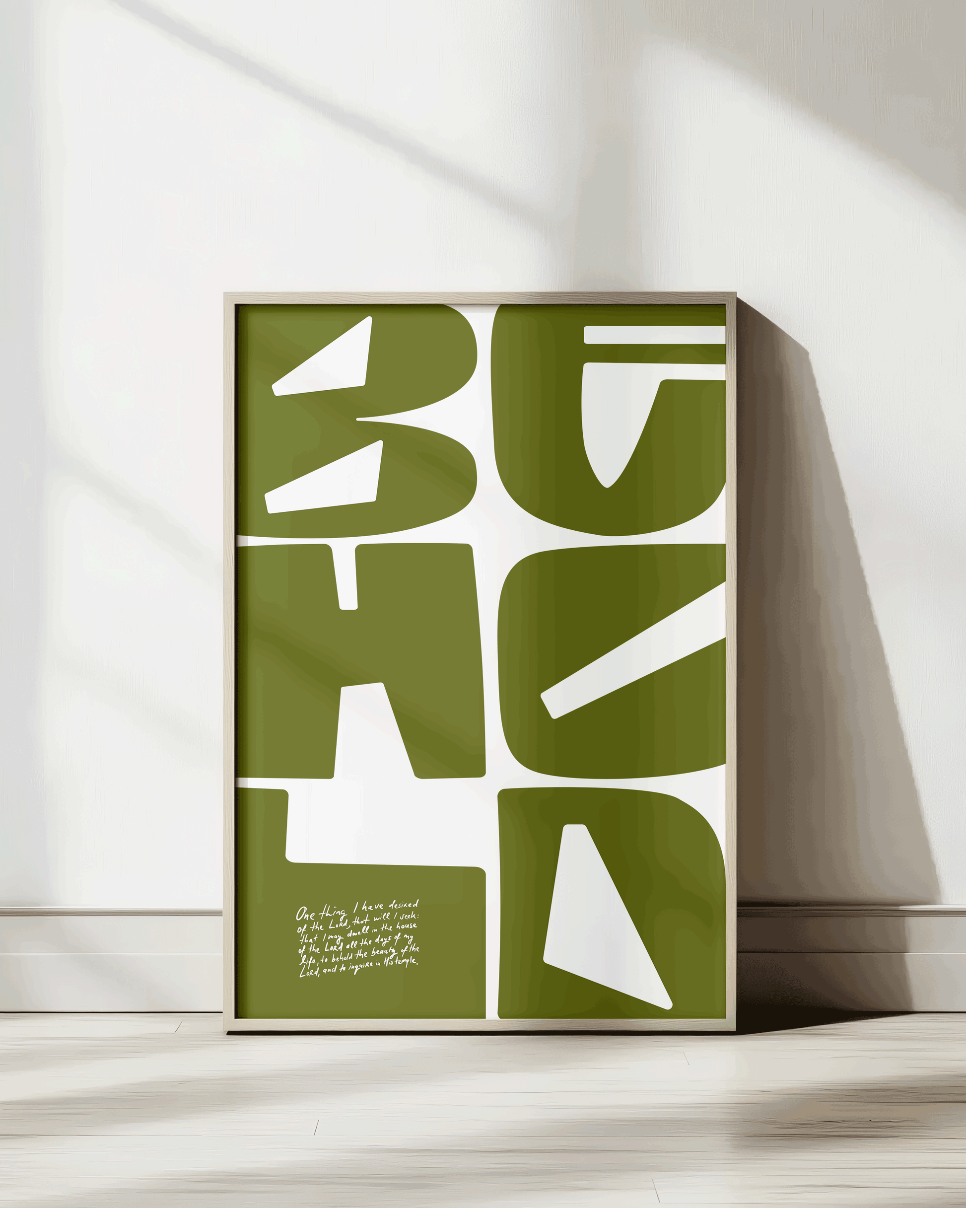 behold psalm 27:4 Bold modern typographic Bible verse wall decor art print framed mockup hoolyprints