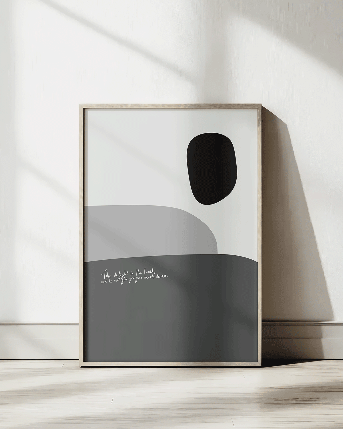 your hearts desires gray Modern minimal abstract Bible verse print framed mockup hoolyprints