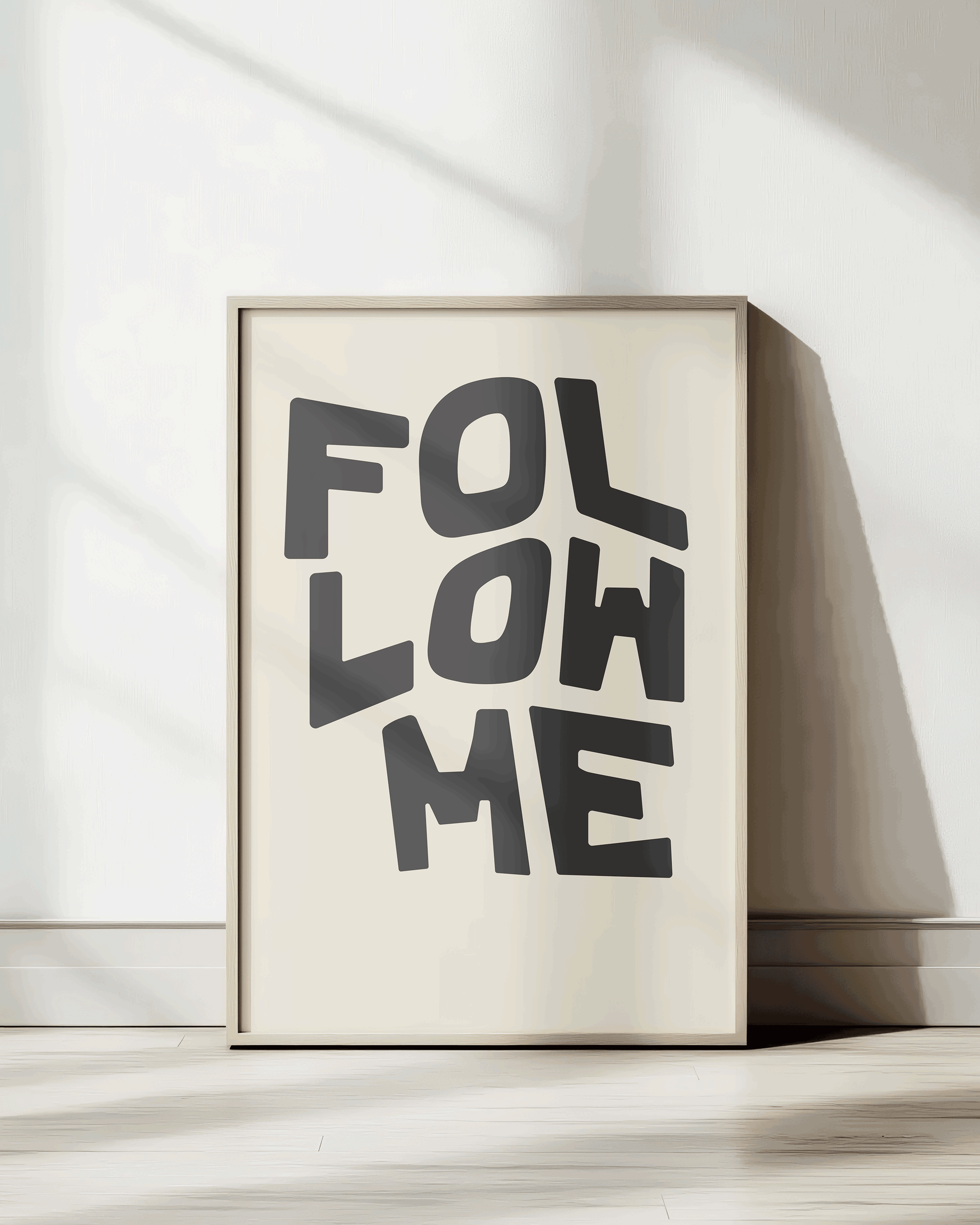 follow me jesus black beige Bold modern typographic Bible verse print framed mockup hoolyprints
