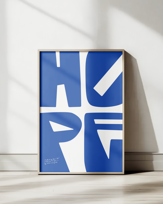 hope blue white psalm 42:11 Bold modern typographic Bible verse wall decor art print framed mockup christian art hoolyprints