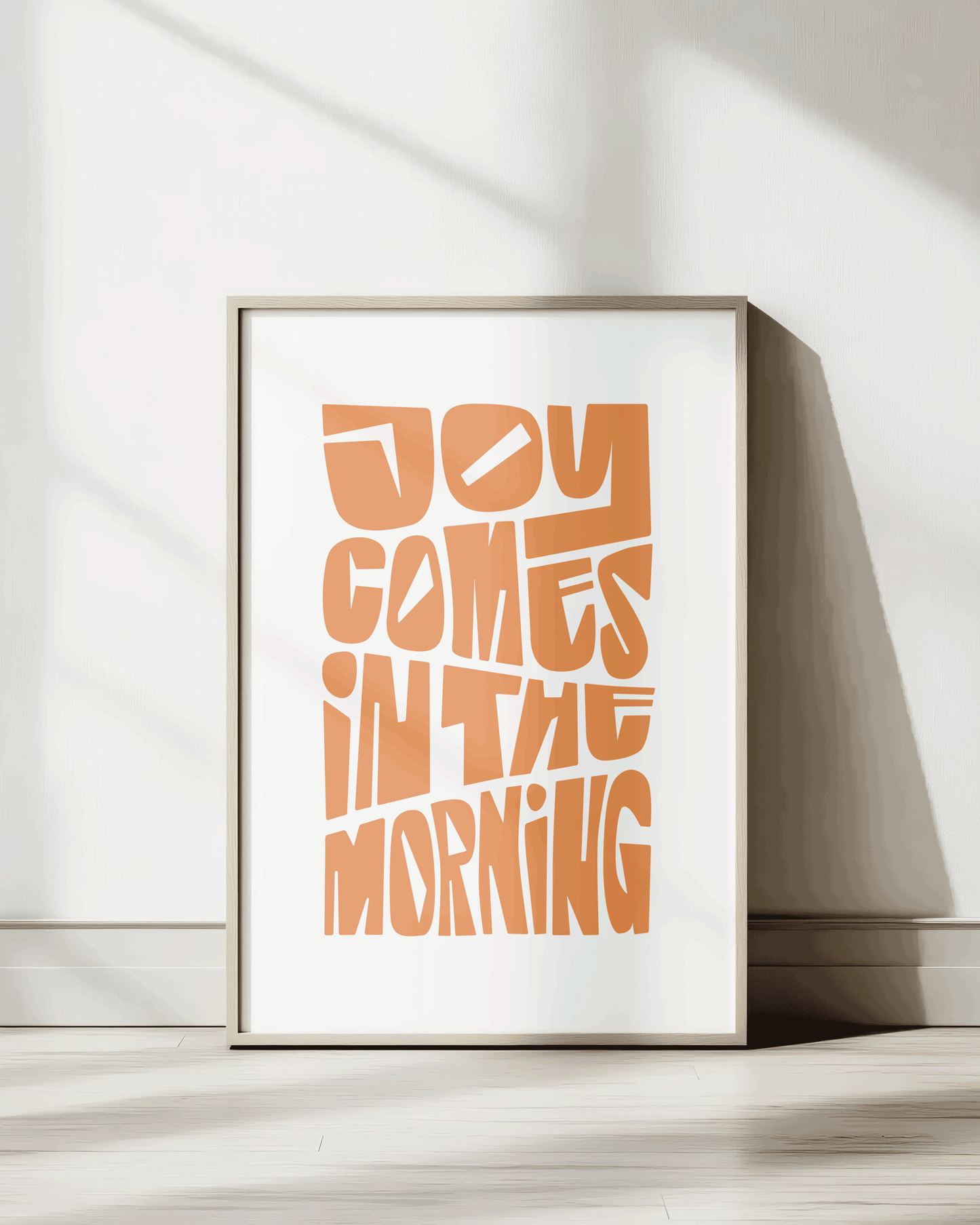 joy comes in the morning orange Bold modern typographic Bible verse wall decor art print framed mockup hoolyprints