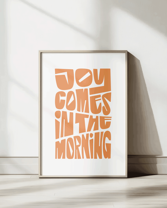 joy comes in the morning orange Bold modern typographic Bible verse wall decor art print framed mockup hoolyprints