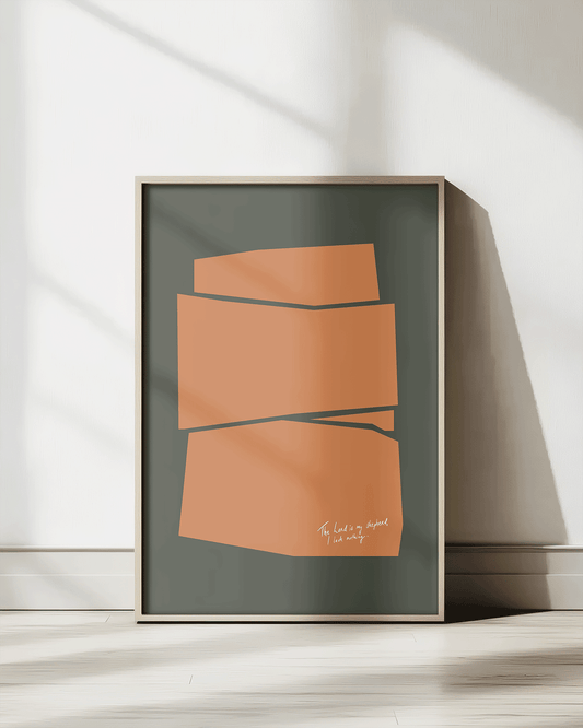 Shepherd I lack nothing green orange Modern minimal abstract Bible verse print framed mockup