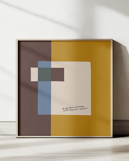 Framed abstract art print with bible verse and geometric shapes on a neutral background