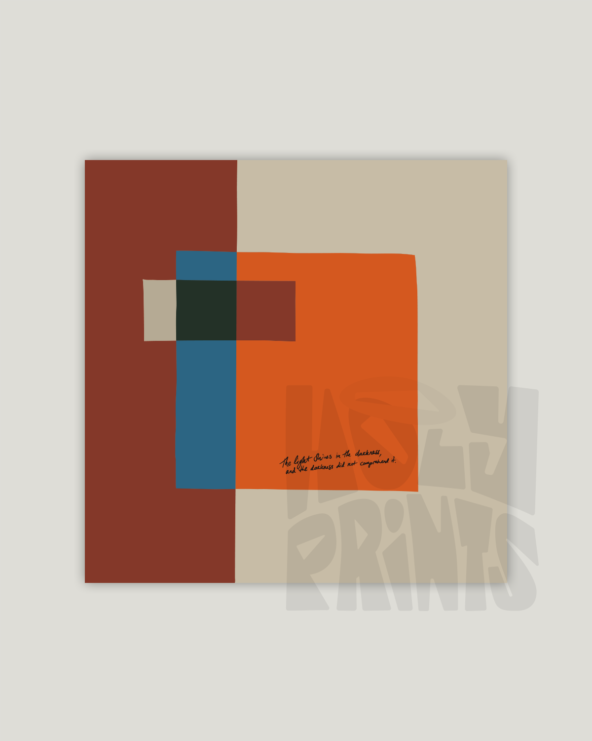 Abstract art print with geometric shapes on a beige background