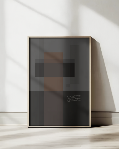 Framed artwork with abstract design and a bible verse from luke 2:1 on a white wall