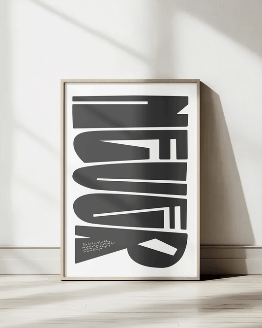deut 31:8 black Bold modern typographic Bible verse print framed mockup hoolyprints