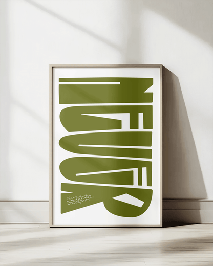 deut 31:8 green Bold modern typographic Bible verse print framed mockup hoolyprints