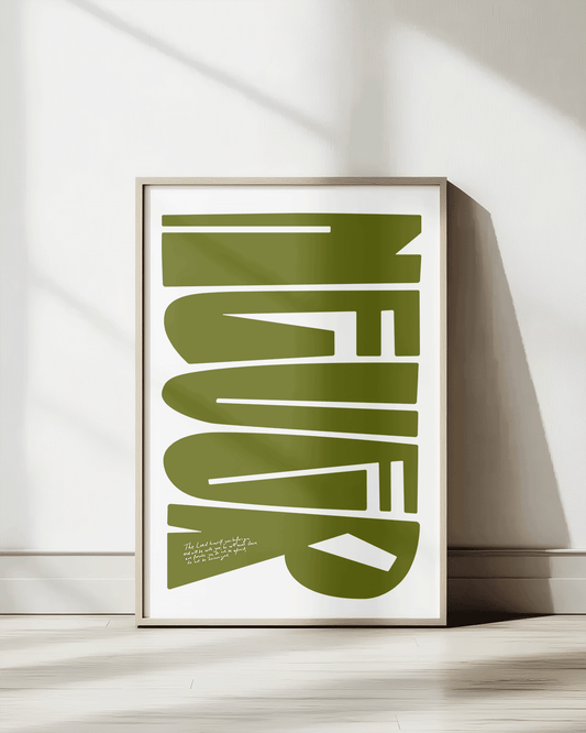 deut 31:8 green Bold modern typographic Bible verse print framed mockup hoolyprints