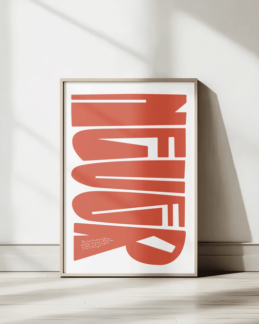 deut 31:8 orange Bold modern typographic Bible verse print framed mockup hoolyprints