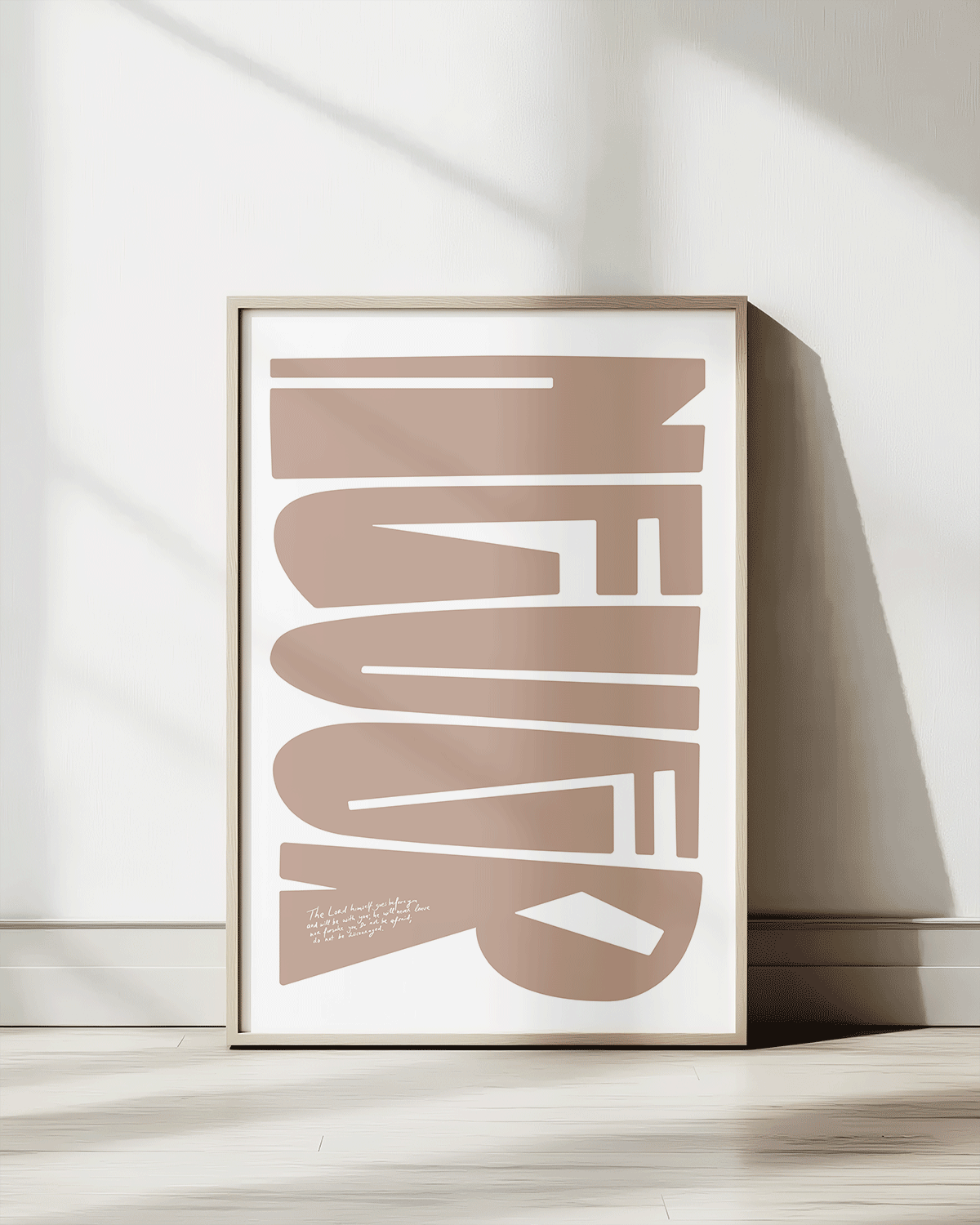 Deuteronomy 31:8 rosy-brown Bold modern typographic Bible verse print framed mockup hoolyprints