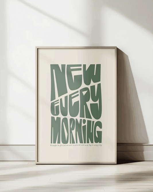 new every morning green beige Bold modern typographic Bible verse print framed mockup hoolyprints