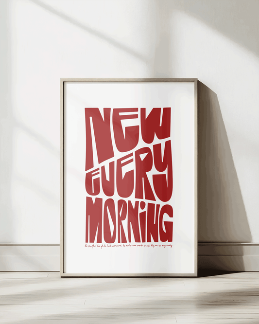 new every morning red Bold modern typographic Bible verse print framed mockup hoolyprints