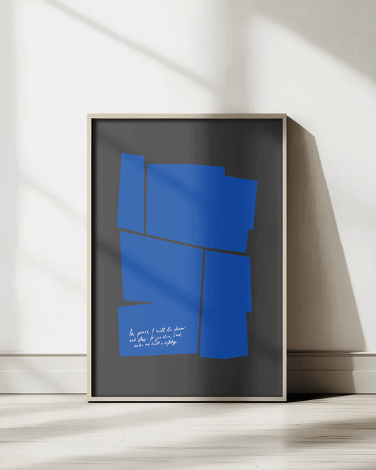 in peace i will lie down and sleep black blue Modern minimal abstract Bible verse print framed mockup