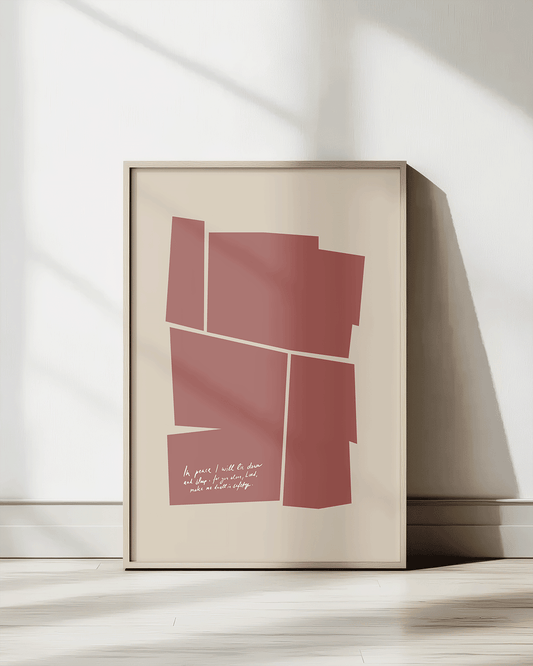in peace i will lie down and sleep brown Modern minimal abstract Bible verse print framed mockup