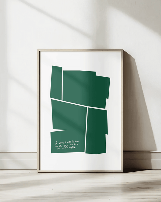 in peace i will lie down and sleep green Modern minimal abstract Bible verse print framed mockup