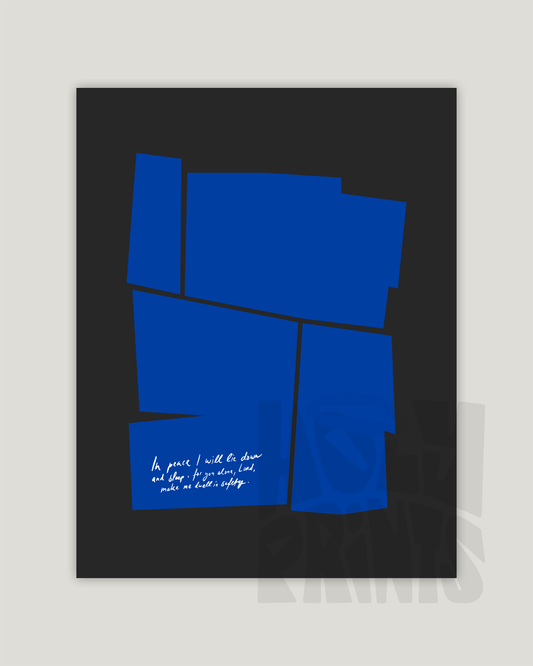 in peace i will lie down and sleep black blue Modern minimal abstract Bible verse example print inches