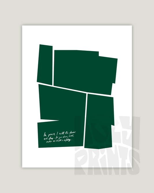 in peace i will down and sleep green Modern minimal abstract Bible verse example print inches