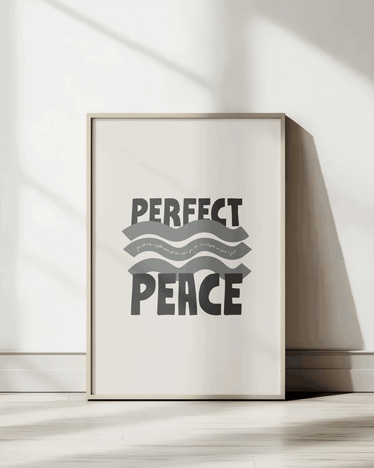 perfect peace gray Bold modern typographic Bible verse print framed mockup hoolyprints