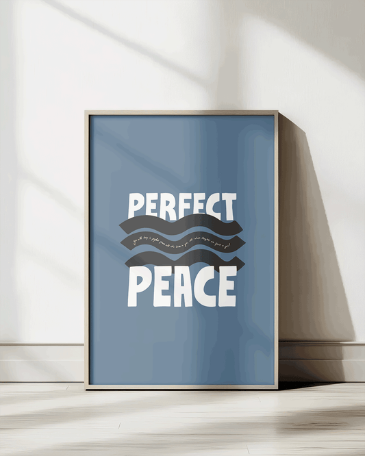 perfect peace black grayblue white Bold modern typographic Bible verse print framed mockup hoolyprints