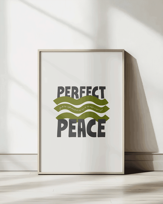 perfect peace black green Bold modern typographic Bible verse print framed mockup hoolyprints