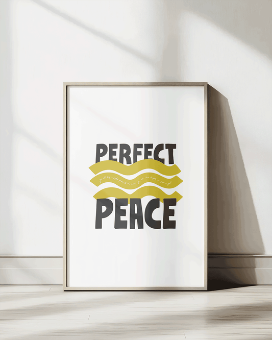 perfect peace yellow black Bold modern typographic Bible verse print framed mockup hoolyprints