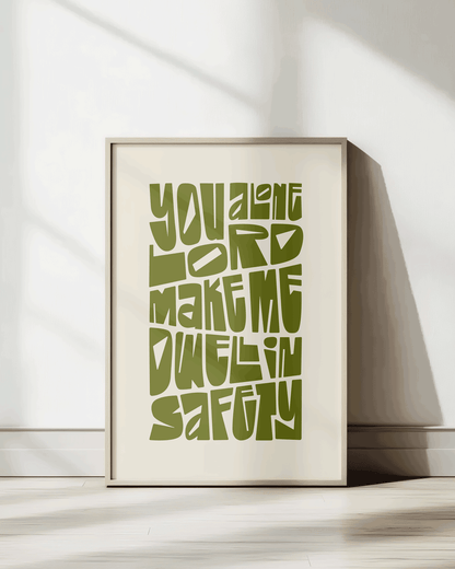 you alone lord make me dwell in safety green wall decor Bold modern typographic Bible verse wall decor art print framed mockup hoolyprints