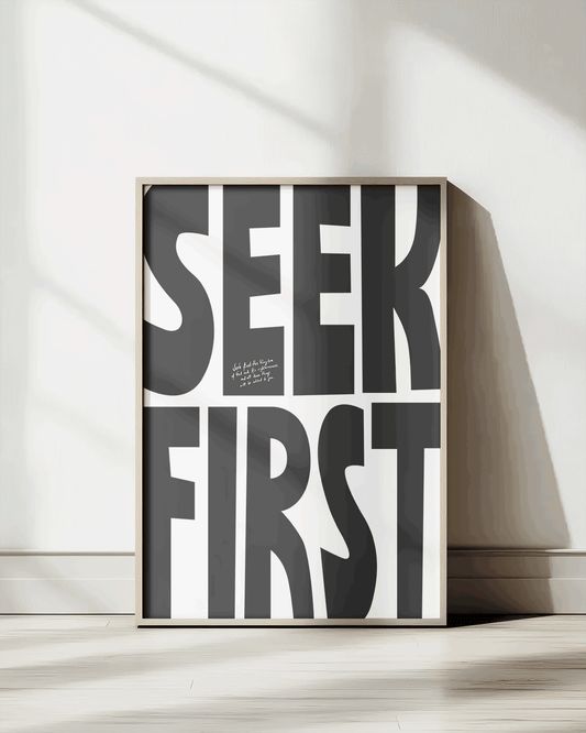 seek first black Bold modern typographic Bible verse print framed mockup hoolyprints