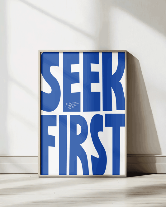 seek first blue Bold modern typographic Bible verse print framed mockup hoolyprints