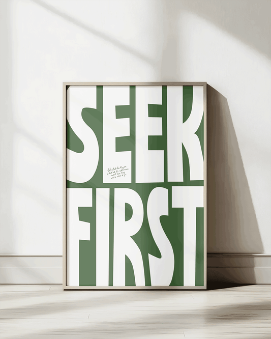 seek first green Bold modern typographic Bible verse print framed mockup hoolyprints