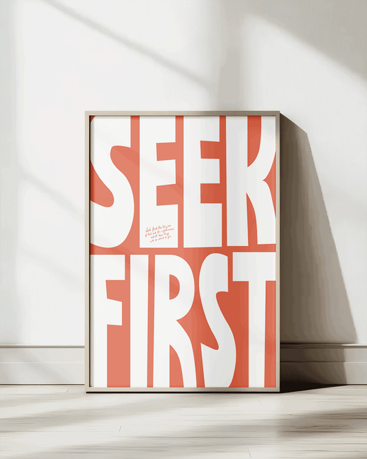 seek first orange Bold modern typographic Bible verse print framed mockup hoolyprints