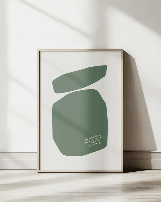 seek first the kingdom of god green Modern minimal abstract Bible verse print framed mockup