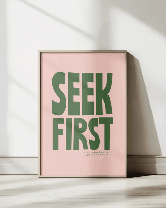 seek first green pink Bold modern typographic Bible verse print framed mockup hoolyprints