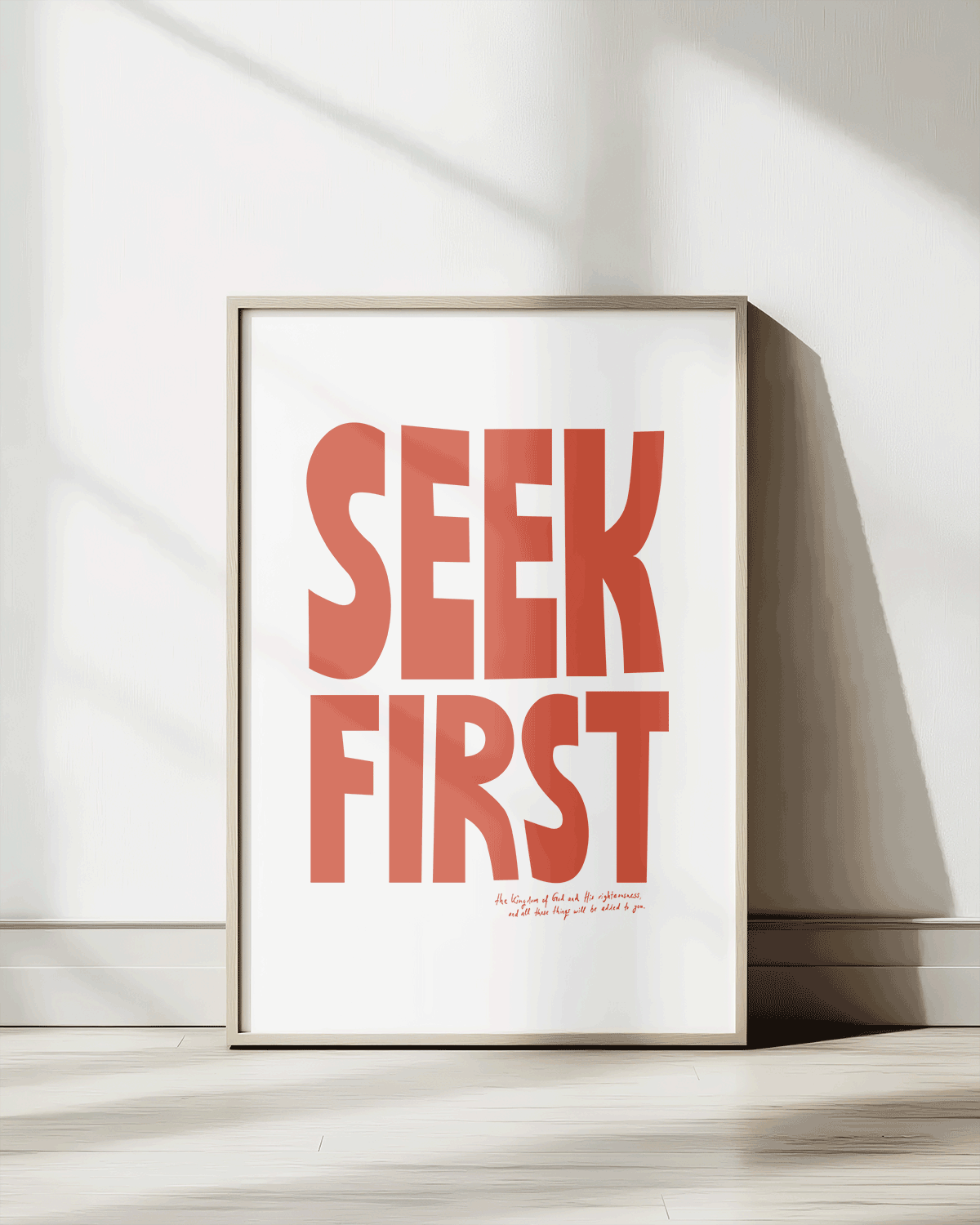 seek first orange Bold modern typographic Bible verse print framed mockup hoolyprints