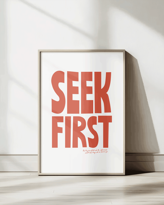 seek first orange Bold modern typographic Bible verse print framed mockup hoolyprints