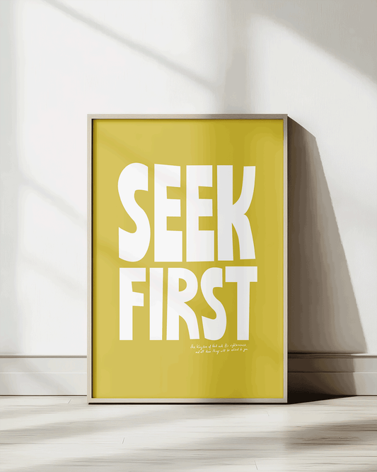 seek first the kingdom yellow white Bold modern typographic Bible verse print framed mockup hoolyprints